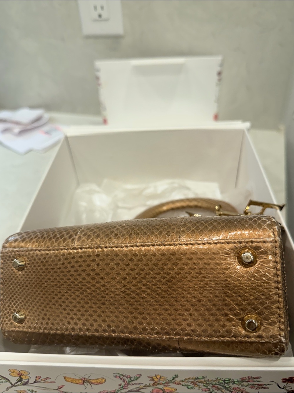 Dior Metallic Gold Python Lady Dior Top Handle Satchel - Picture 5 of 8